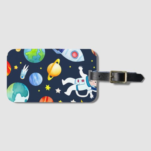 Astronaut in Space Planets and Rockets Pattern Gepäckanhänger (Vorderseite (Horizontal))