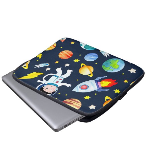 Astronaut in Space Planets and Rockets Pattern Laptopschutzhülle (Vorne Knopf)