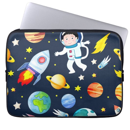 Astronaut in Space Planets and Rockets Pattern Laptopschutzhülle (Vorderseite)