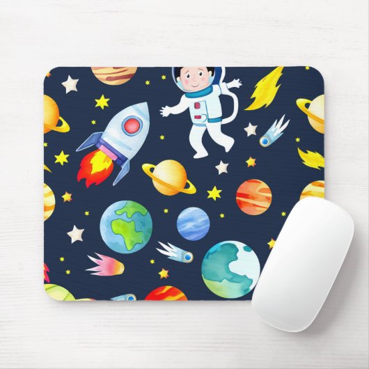Astronaut in Space Planets and Rockets Pattern Mousepad (Mit Mouse)
