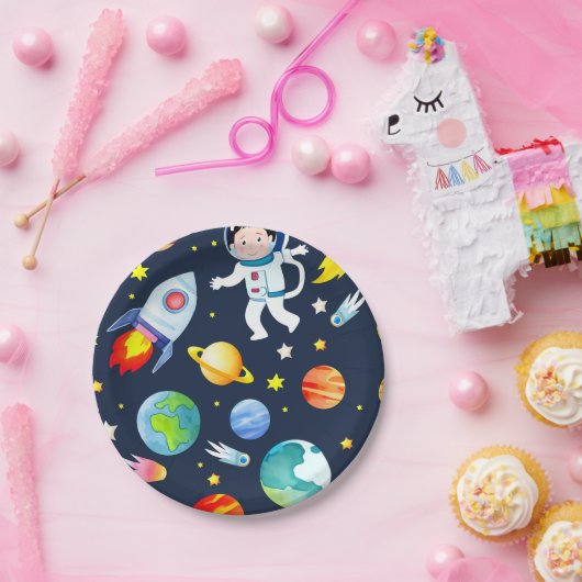 Astronaut in Space Planets and Rockets Pattern Pappteller (Party)