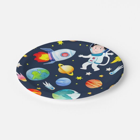 Astronaut in Space Planets and Rockets Pattern Pappteller (Schrägansicht)