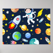 Astronaut in Space Planets and Rockets Pattern Poster (Vorne)