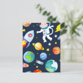 Astronaut in Space Planets and Rockets Pattern Postkarte (Stehend Vorderseite)