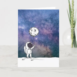 Astronaut in space with moon balloon cosmos stars dankeskarte