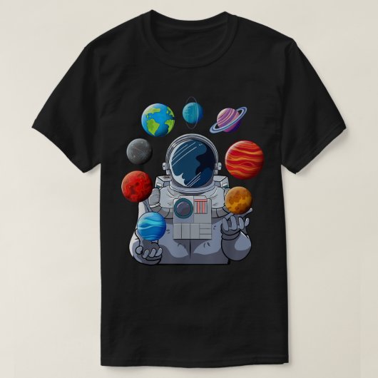 Astronaut jongliert Planeten Kunst T-Shirt (Design vorne)