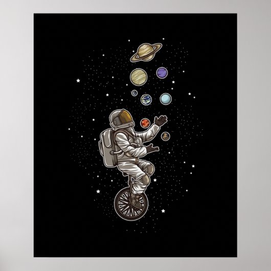 Astronaut juggles Planeten auf einem Einradweg Poster (Vorne)