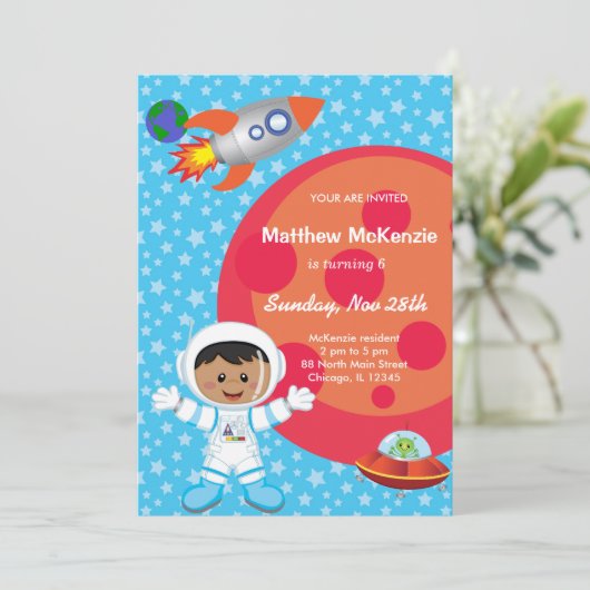 Astronaut-Junge Geburtstag Thema Einladung (Stehend Vorderseite)