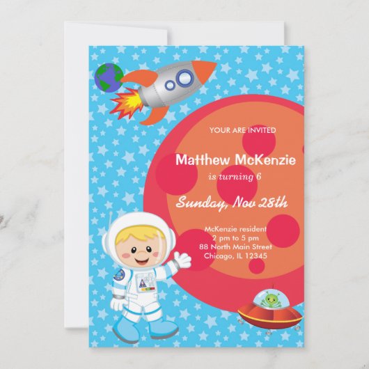 Astronaut-Junge Geburtstag Thema Einladung (Vorderseite)
