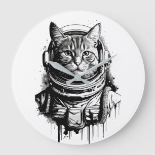 Astronaut Katzen Tinten Kunst Große Wanduhr