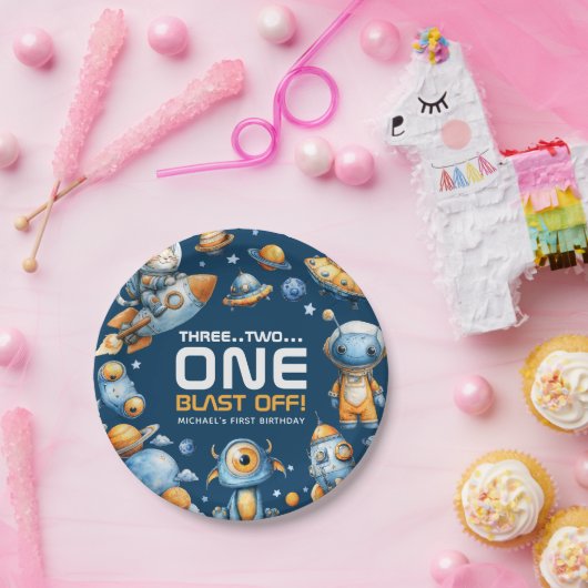 Astronaut Katzen Weltraum Rakete Explosion 1. Gebu Pappteller (Party)