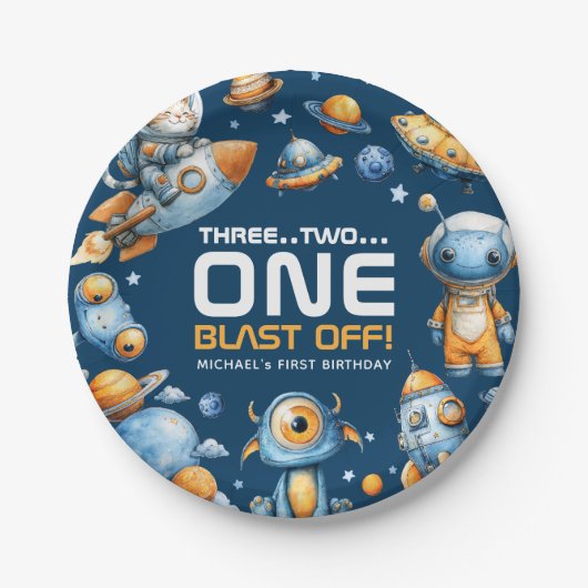 Astronaut Katzen Weltraum Rakete Explosion 1. Gebu Pappteller (Vorderseite)