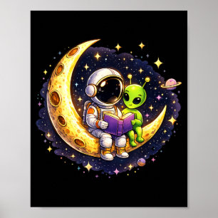 Astronaut liest Buch für außerirdischen Mond Weltr Poster