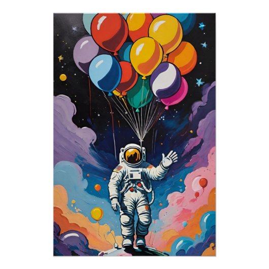 Astronaut mit bunten Ballons im Weltraum Poster (Vorderseite)