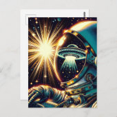Astronaut mit einem Spiegelbild eines UFO Postkarte (Vorne/Hinten)