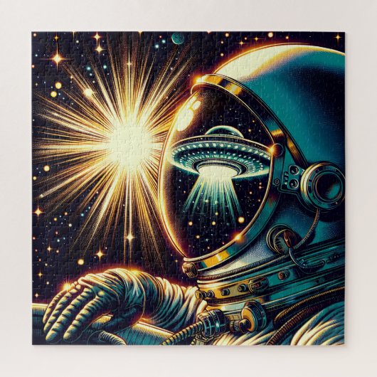 Astronaut mit einem Spiegelbild eines UFO Puzzle (Vertikal)
