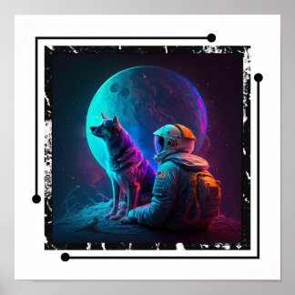 Astronaut mit Hund im Weltraum , Neon Design Art Poster