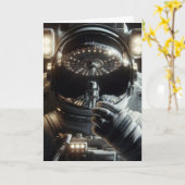 Astronaut mit Reflektion des UFO | Geburtstag Karte (Gelbe Blume)
