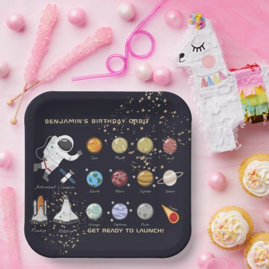 Astronaut Monogram Typografy Solar System Kids Pappteller (Party)