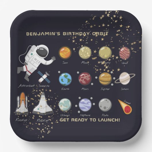 Astronaut Monogram Typografy Solar System Kids Pappteller (Vorderseite)