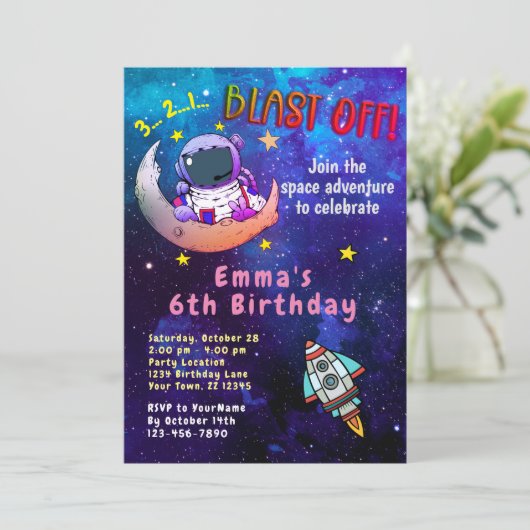 Astronaut & Moon (Mädchen) Einladung (Stehend Vorderseite)