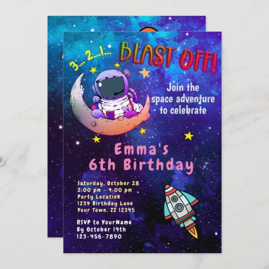 Astronaut & Moon (Mädchen) Einladung (Vorne/Hinten)