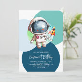 Astronaut Moon Rocket Blue 1. Geburtstag Einladung (Stehend Vorderseite)