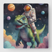 Astronaut on Dino in Space Quadratische Wanduhr (Vorderseite)