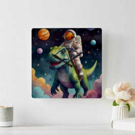Astronaut on Dino in Space Quadratische Wanduhr