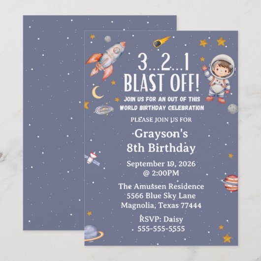 Astronaut Outer Space Boy Birthday Invitation Einladung (Vorne/Hinten)