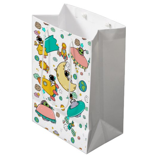 Astronaut Outer Space Cartoon Mittlere Geschenktüte (Vorderseite Schrägansicht)