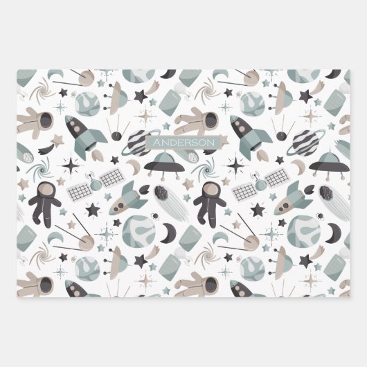 Astronaut Outer Space Explorer Cooles blaues Muste Geschenkpapier Set (Vorderseite)