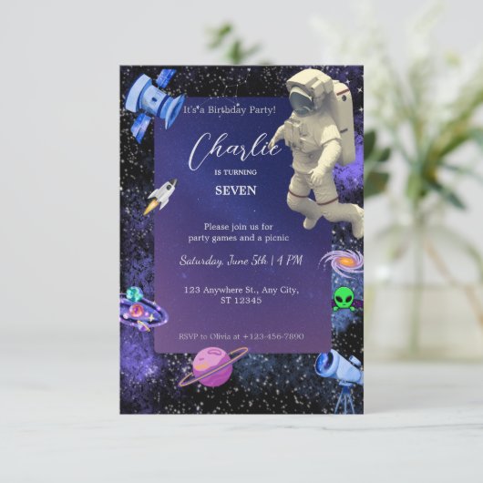 Astronaut Outer Space Geburtstag Einladung (Stehend Vorderseite)