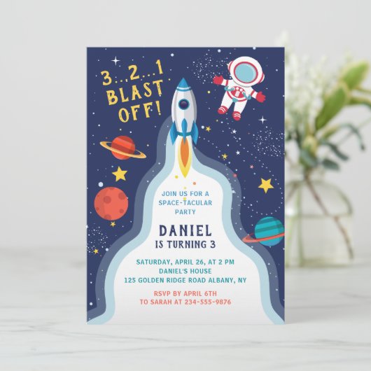 Astronaut Outer Space Rocket Ship Planet Geburtsta Einladung (Stehend Vorderseite)