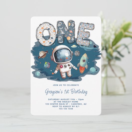 Astronaut Outerspace Rocket 1. Geburtstag Einladung (Stehend Vorderseite)