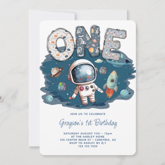 Astronaut Outerspace Rocket 1. Geburtstag Einladung (Vorderseite)
