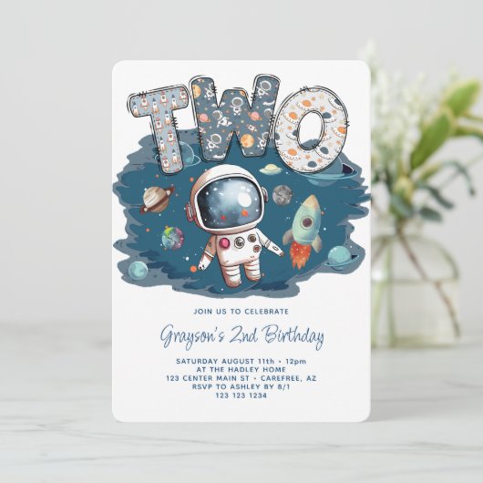 Astronaut Outerspace Rocket 2. Geburtstag Einladung (Stehend Vorderseite)