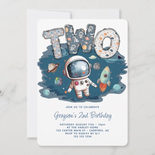 Astronaut Outerspace Rocket 2. Geburtstag Einladung (Vorderseite)