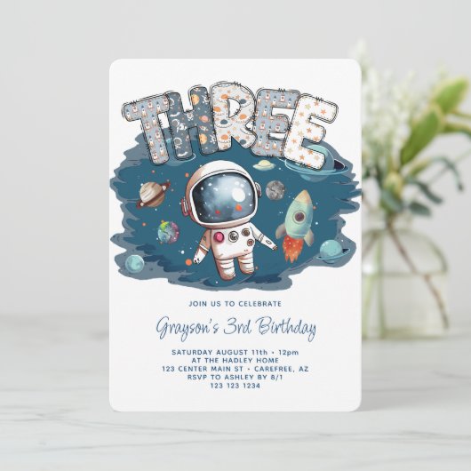 Astronaut Outerspace Rocket 3. Geburtstag Einladung (Stehend Vorderseite)