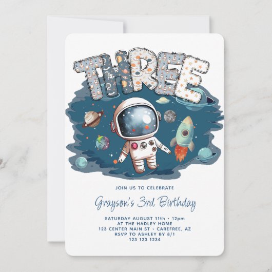 Astronaut Outerspace Rocket 3. Geburtstag Einladung (Vorderseite)
