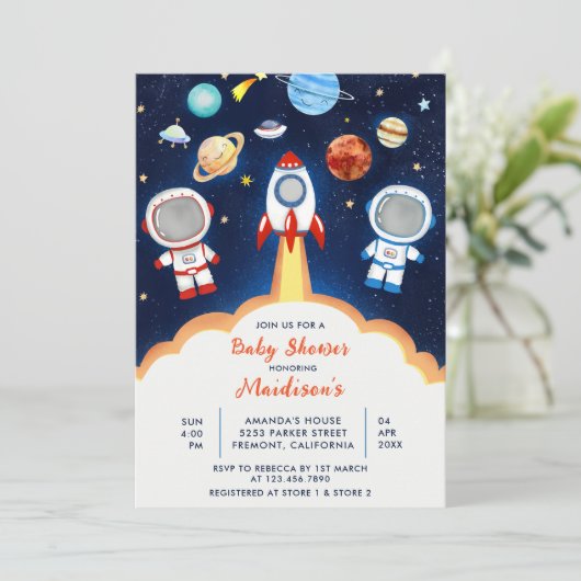 Astronaut Planet Rakete WeltraumBaby-Dusche Einladung (Stehend Vorderseite)