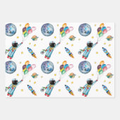 Astronaut Rainbow Balloons Rocket Space Kids Blue Geschenkpapier Set (Vorderseite 3)