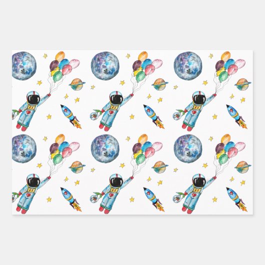Astronaut Rainbow Balloons Rocket Space Kids Blue Geschenkpapier Set (Vorderseite 3)