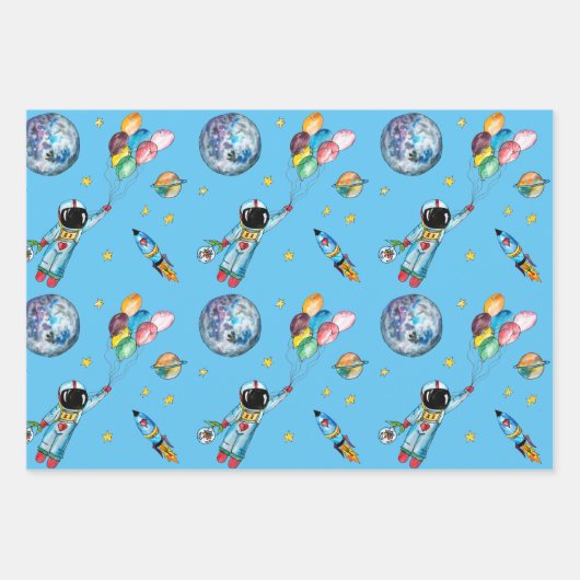 Astronaut Rainbow Balloons Rocket Space Kids Blue Geschenkpapier Set (Vorderseite 2)