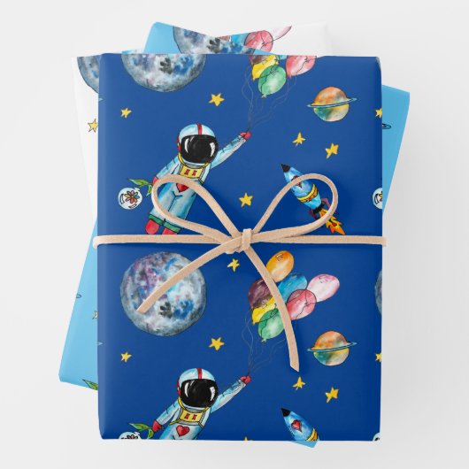 Astronaut Rainbow Balloons Rocket Space Kids Blue Geschenkpapier Set (Beispiel)