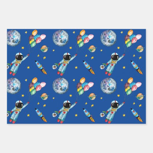 Astronaut Rainbow Balloons Rocket Space Kids Blue Geschenkpapier Set (Vorderseite)
