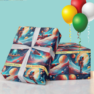 Astronaut Raketenplanets Boys Geburtstag farbig Geschenkpapier