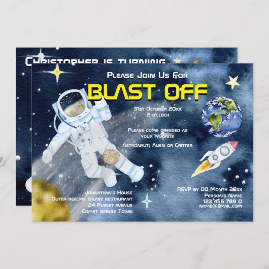 Astronaut Raumschiff UFO Planeten Kinder Erwachsen Einladung (Vorne/Hinten)