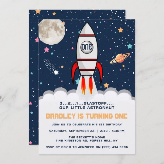 Astronaut Rocket Outer Space 1 Geburtstag Einladung Zazzle De