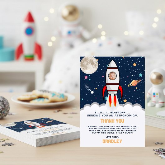 Astronaut Rocket Outer Space 1. Geburtstag Foto Dankeskarte